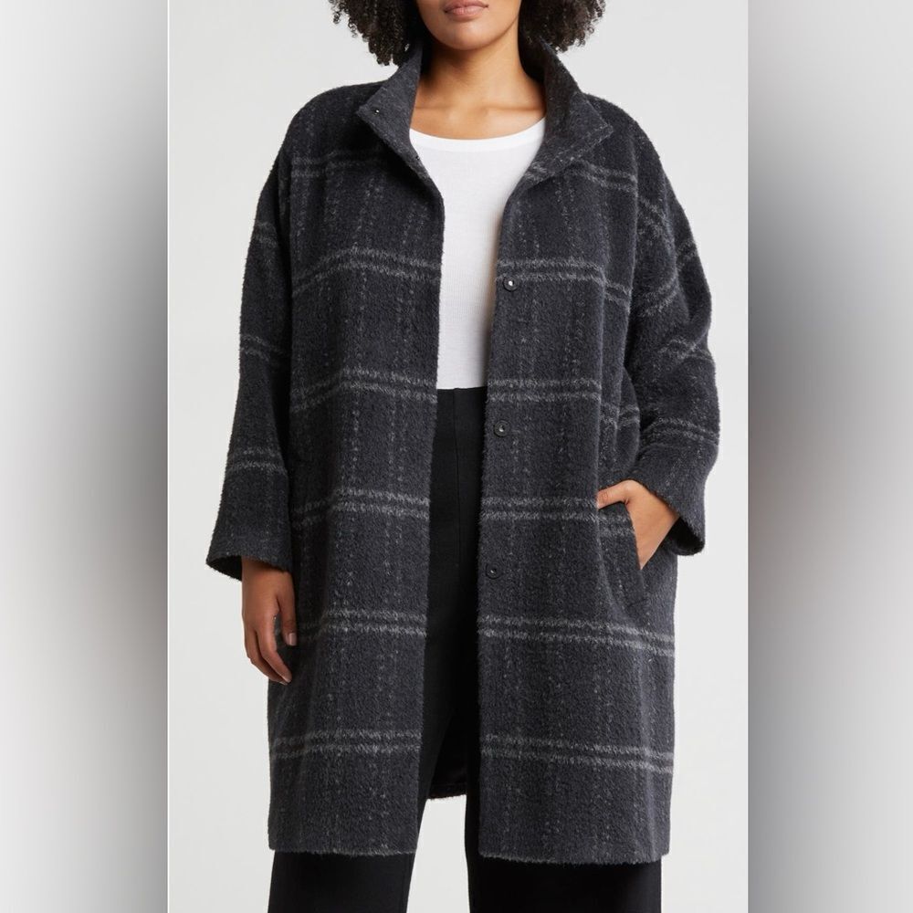 Eileen Fisher Hooded High Collar Snap Front Alpaca Blend Plaid Coat XS